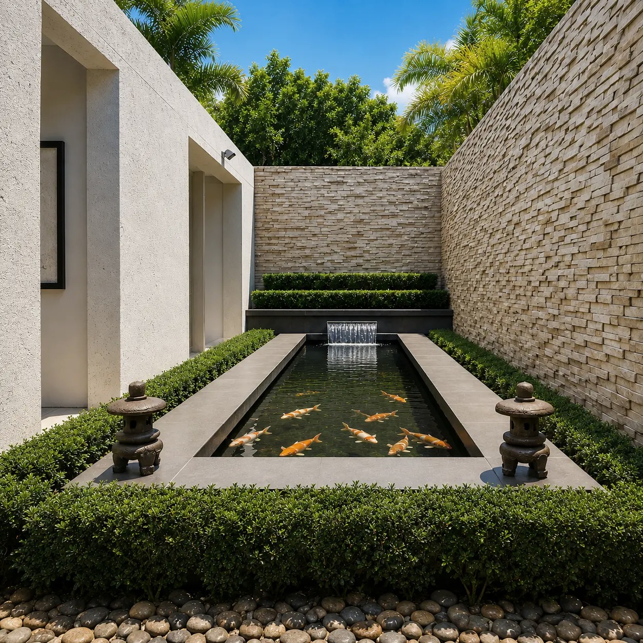 Koi pond courtyard with stacked stone and water feature